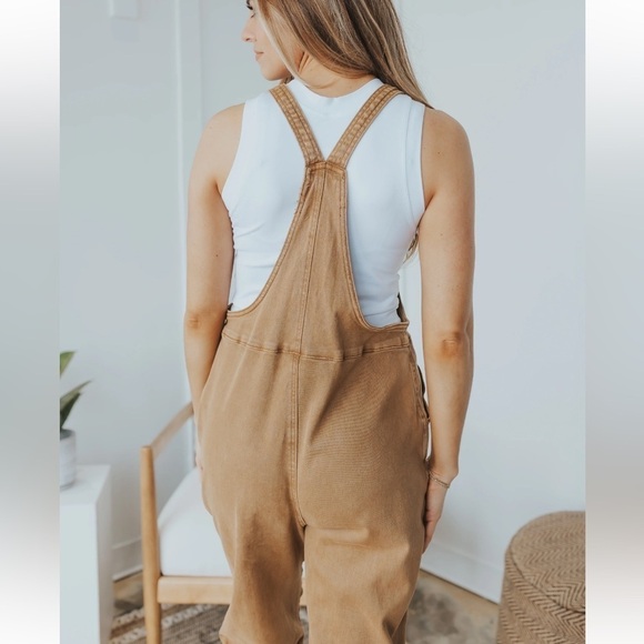 ZENANA WASHED TAN MUSTARD DENIM OVERALLS SIZE LARGE NWT - Picture 11 of 11